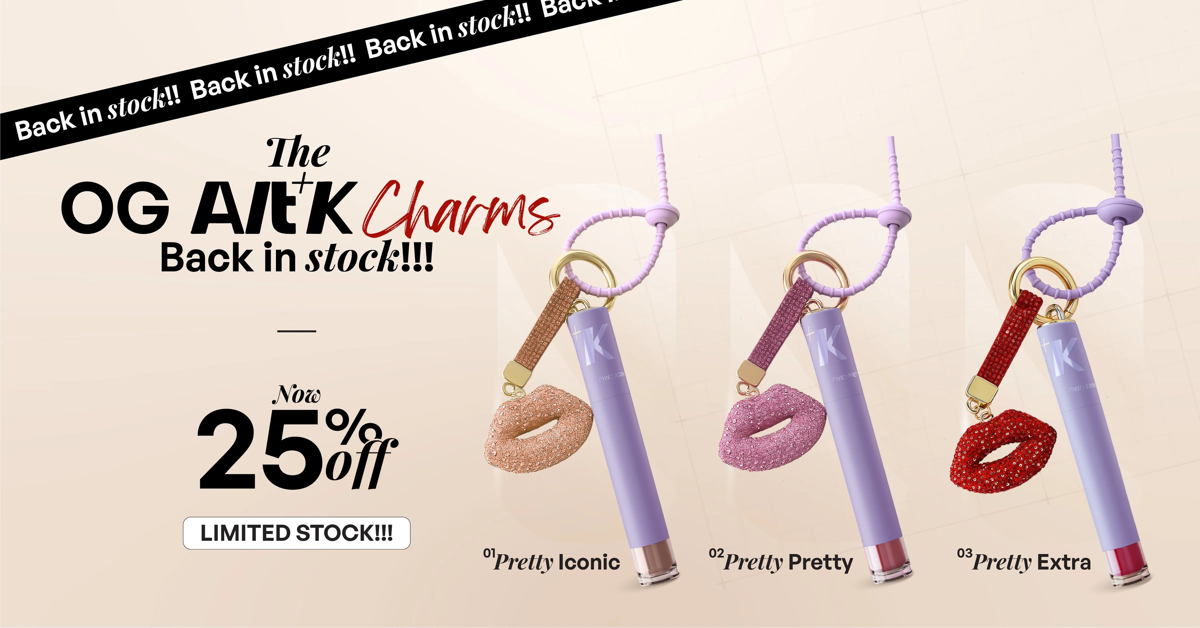 ALT+K Tinted Skincare lip gloss charms back in stock with 25% off limited-time offer featuring Pretty Iconic, Pretty Pretty, and Pretty Extra shades
