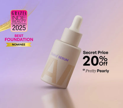 ALT+K Tinted Serum Foundation Pretty Pearly shade with dropper, showing 20% off secret price, nominee for Best Foundation 2025, placed on gradient purple-beige background