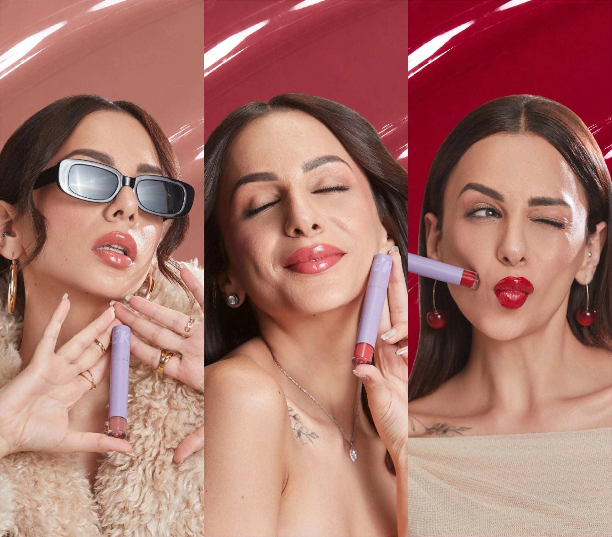 ALT+K Beauty Colour Intense Lip Gloss collection featuring Nitibha Kaul in glossy nude and bold red lip shades.