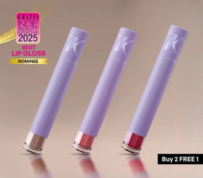 ALT+K Beauty Colour Intense Lip Gloss collection with Champagne, Pink, and Red shades featuring a Buy 2 Get 1 Free offer.