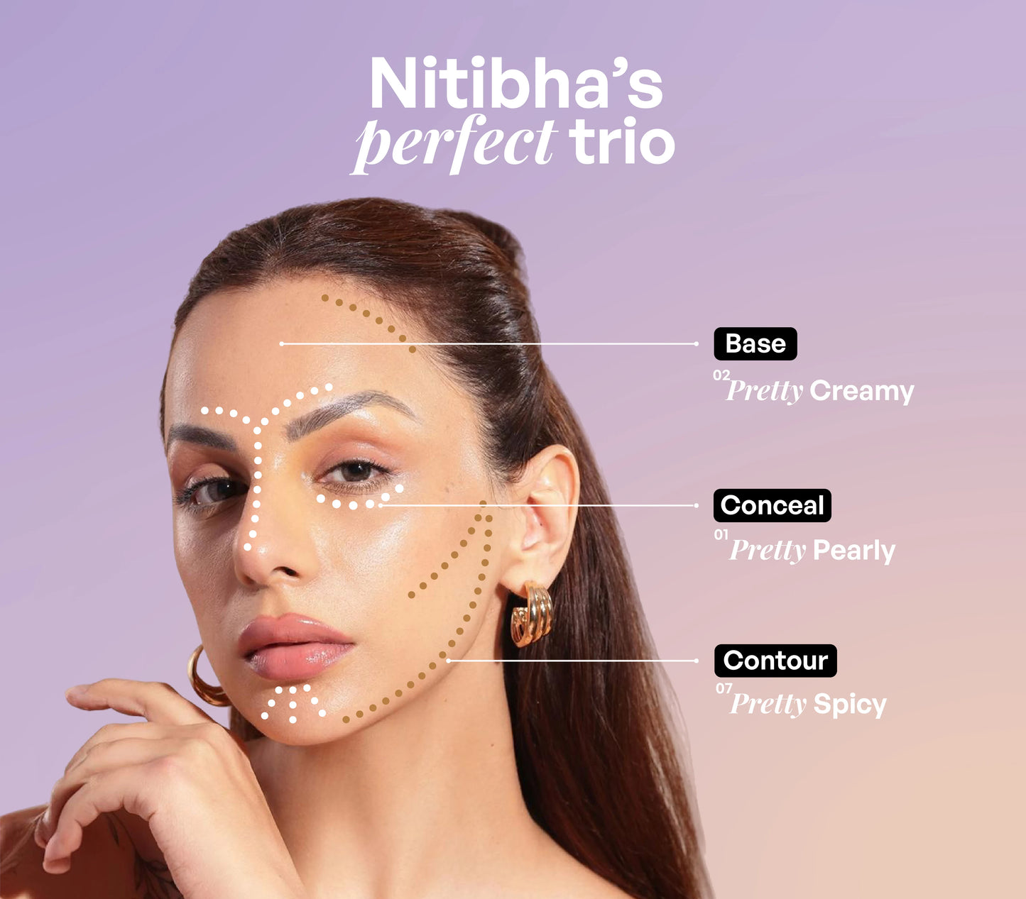 Nitibha Kaul showcasing ALT+K Beauty perfect complexion trio with base, concealer and contour in Pretty Creamy, Pretty Pearly and Pretty Spicy shades