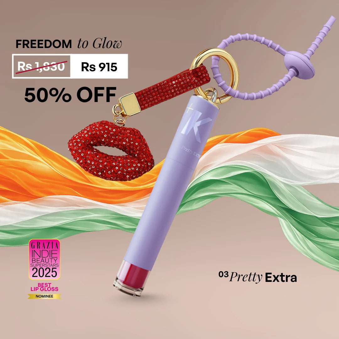 ALT+K Beauty Colour Intense Lip Gloss in Pretty Extra shade with Freedom Sale 20% off offer and decorative lip charm keychain
