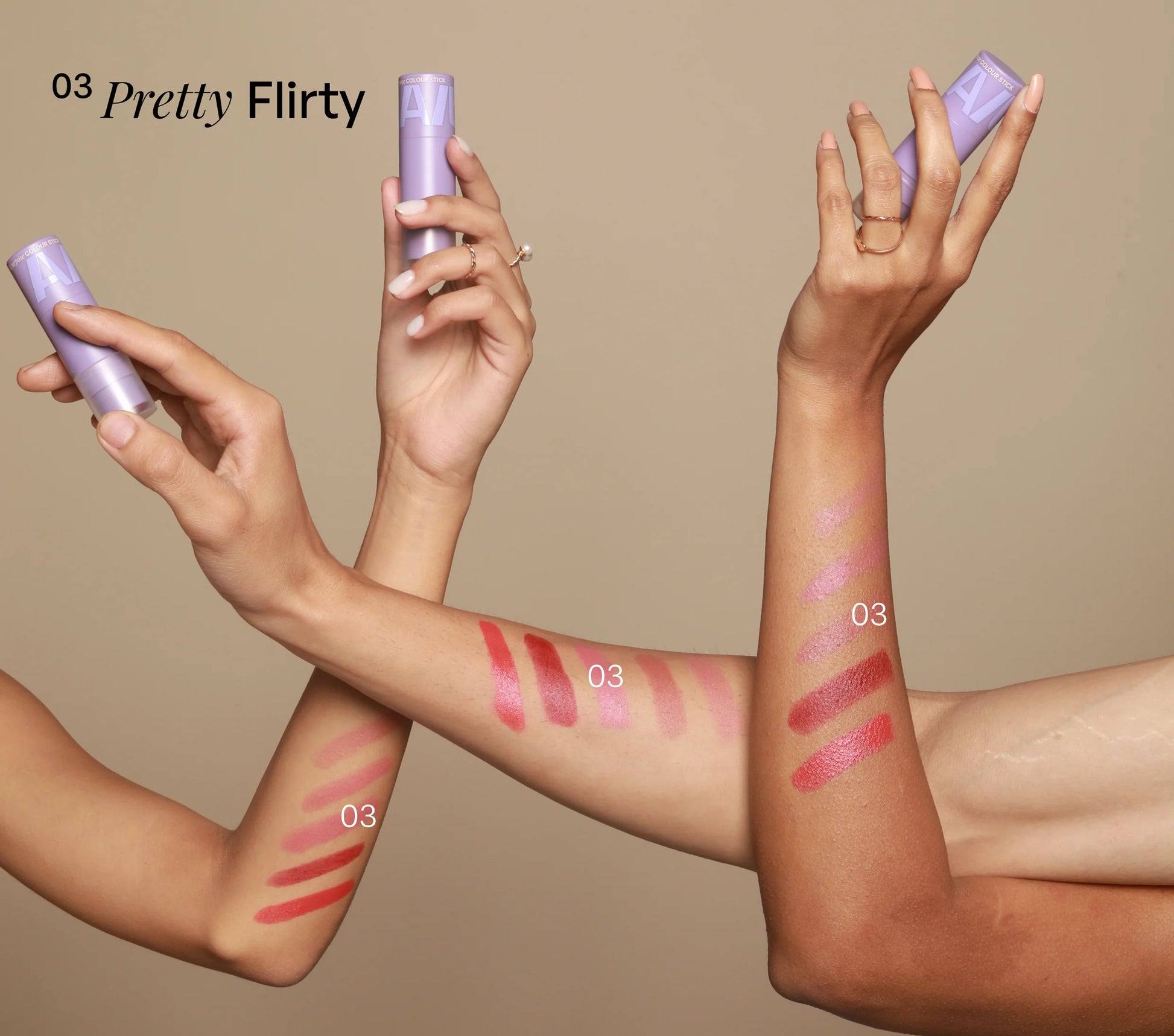 ALT+K Beauty Multipurpose Colour Stick in Pretty Flirty with swatches displayed on multiple skin tones
