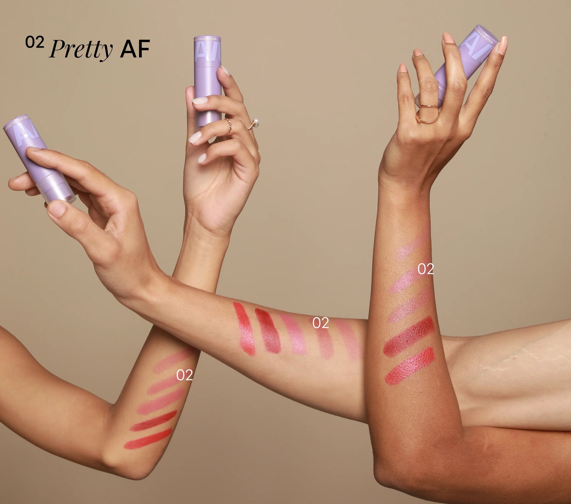 ALT+K Beauty Multipurpose Colour Stick in Pretty AF with swatches displayed on multiple skin tones