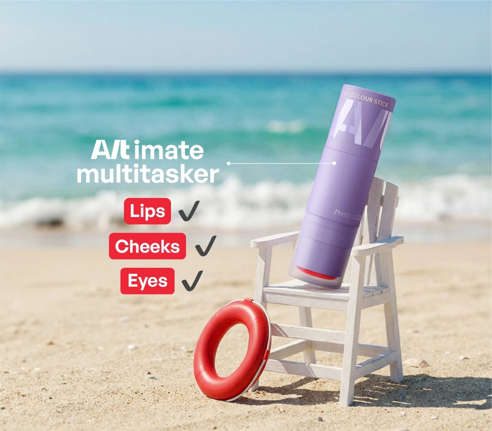 ALT+K Beauty Multipurpose Colour Stick in Pretty Loud for lips, cheeks and eyes displayed on a beach chair